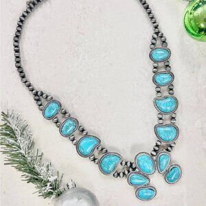 Turquoise and Silver Squash Blossom Fashion Necklace